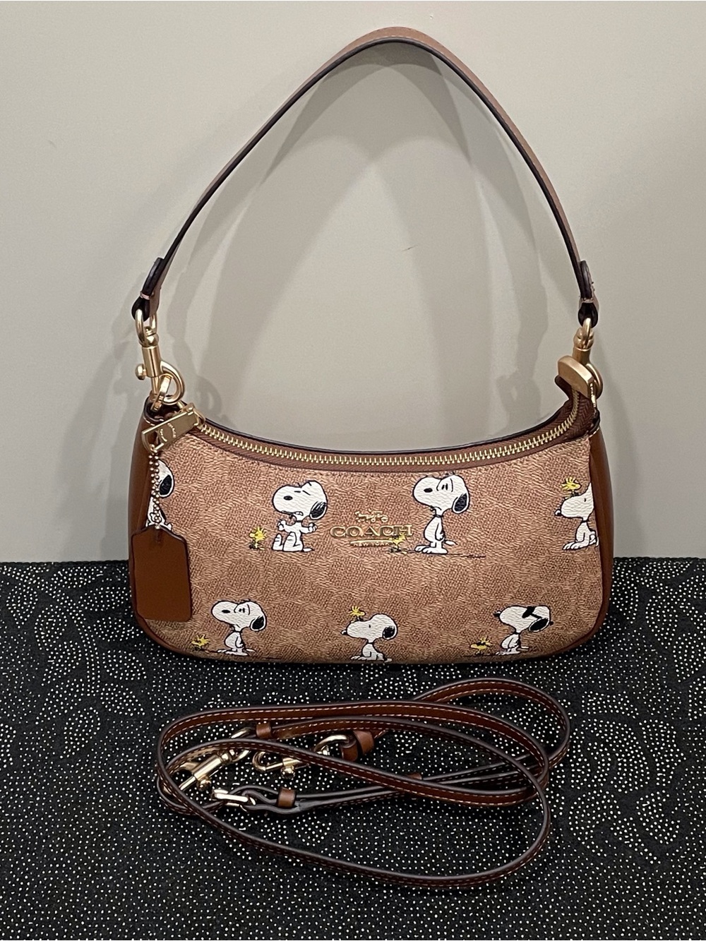 Coach Brown Snoopy Print Leather Shoulder Bag with Gold-Tone Hardware